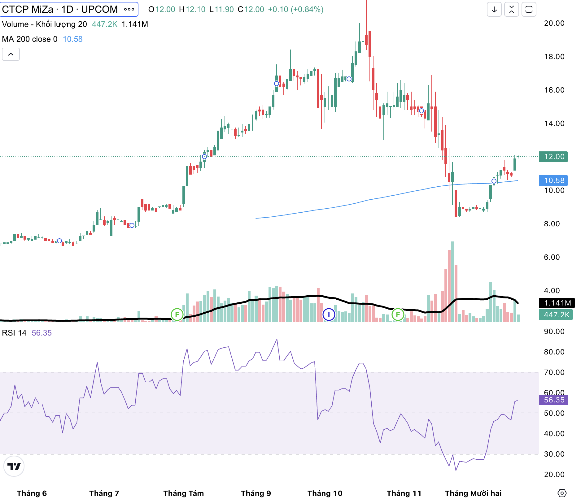 Cổ phiếu MZG mới có thanh khoản từ đầu tháng 8/2025 tới nay và đang lao dốc trở lại. Nguồn: FireAnt