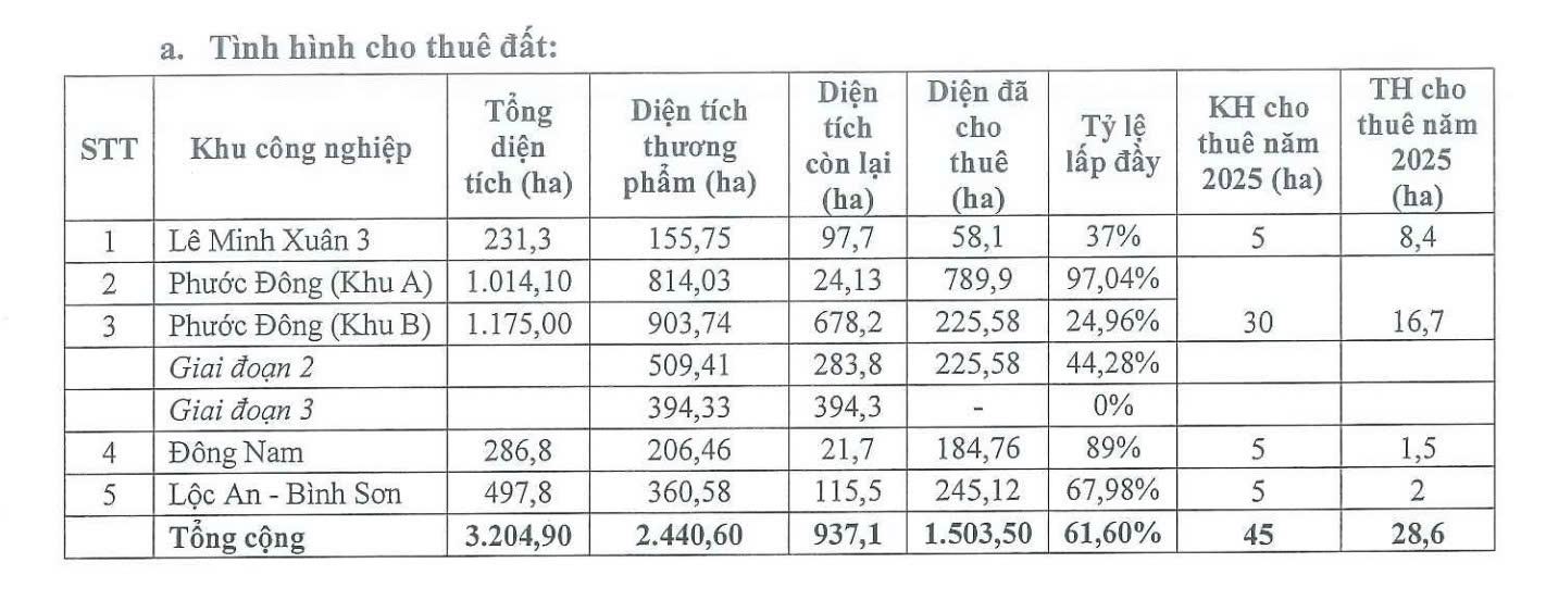 Tình hình cho thuê các Dự án mà Đầu tư Sài Gòn VRG đầu tư tới cuối năm 2025. Nguồn: SIP