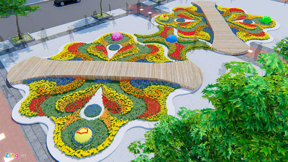 Đại cảnh “Nhịp cầu hoa” với cầu gỗ không tay vịn bắc qua thảm hoa lớn nhiều họa tiết mô tả sự chuyển động cùng những quả cầu mang biểu tượng 