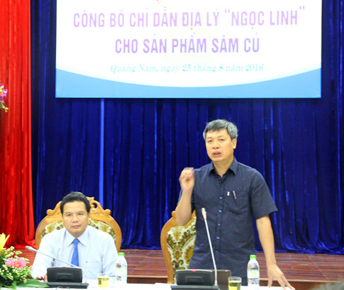 Ông Hồ Quang Bửu (đứng), Chủ tịch UBND huyện Nam Trà My phân tích những đặc tính đặc hữu, giá trị đặc biệt của sâm Ngọc Linh v
