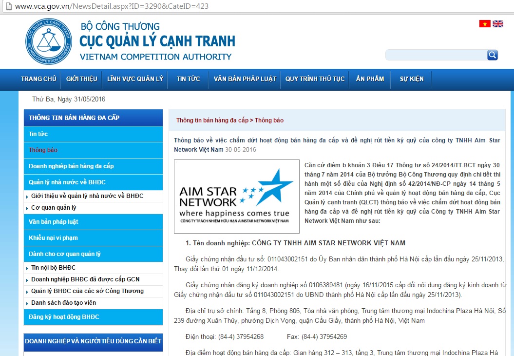 Công ty TNHH Aim Star Network Việt Nam đã chính thức dừng hoạt động bán hàng đa cấp từ đầu năm 2016.