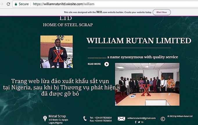 Trang web lừa đảo xuất khẩu sắt vụn tại Nigeria (www.williamruttanltd.wixsite.com/william) sau khi bị Thương vụ phát hiện, đã được gỡ bỏ