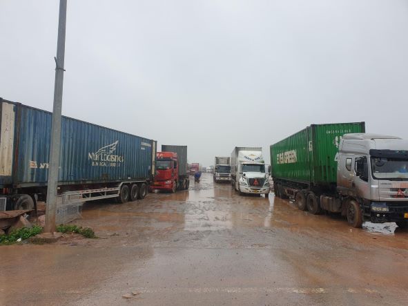 Xe container chờ xuất khẩu tại Móng Cái, chiều 16/2 (Ảnh doanh nghiệp cung cấp).