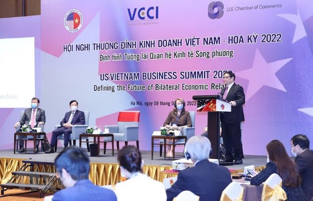 Thủ tướng Phạm Minh Chính phát biểu tại Hội nghị Thượng đỉnh Kinh doanh Việt NamHoa Kỳ, sáng 8/3. (Ảnh: TTXVN).
