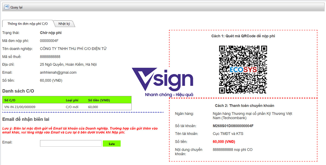 Giao diện QR code nộp lệ phí C/O,