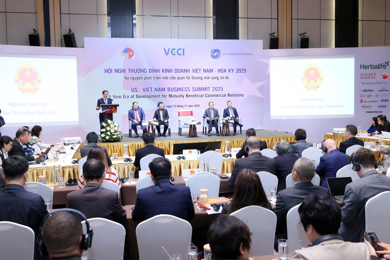 Phó thủ tướng Bùi Thanh Sơn phát biểu tại Hội nghị Thượng đỉnh kinh doanh Việt Nam - Hoa Kỳ lần thứ 8. (Ảnh: VGP).
