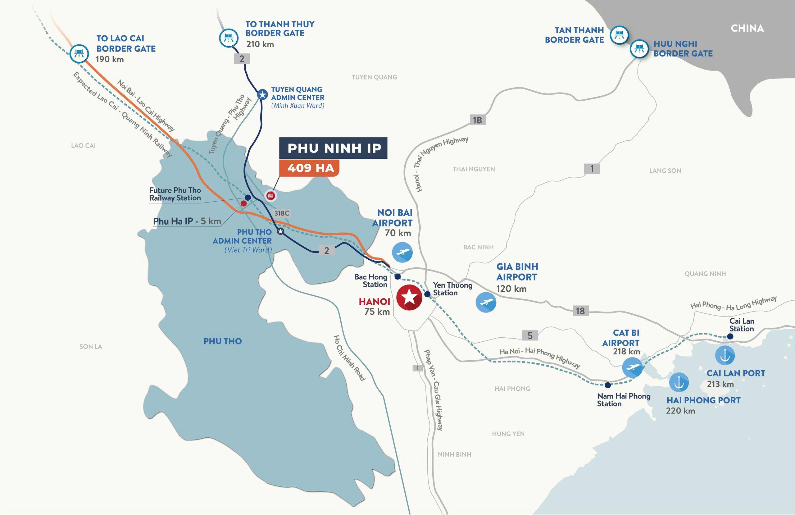 ơ đồ toàn cảnh kết nối giao thông Dự án khu công nghiệp Phù Ninh.