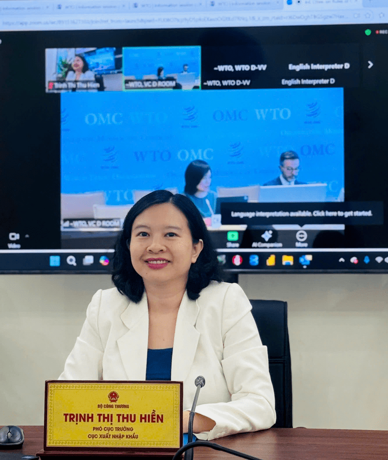 B&agrave; Trịnh Thị Thu Hiền - Ph&oacute; Cục trưởng Cục Xuất nhập khẩu (Bộ C&ocirc;ng Thương) ph&aacute;t biểu trực tuyến tại Phi&ecirc;n họp Ủy ban Quy tắc xuất xứ của WTO