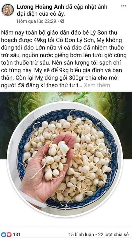 Thông tin sai sự thật về tỏi Lý Sơn mà facebook Lương Hoàng Anh đưa lên.