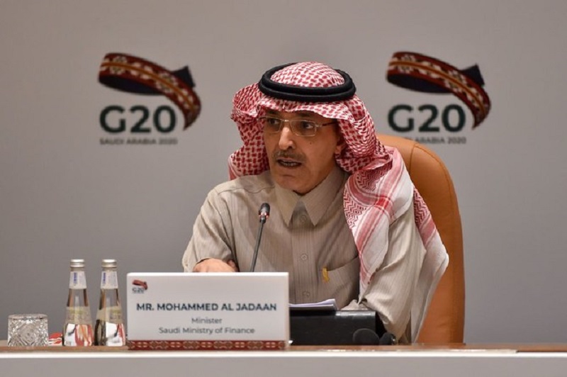 Bộ trưởng tài chính Saudi Arabia Mohammed Al-Jadaan phát biểu tại buổi họp báo sau cuộc họp các bộ trưởng tài chính G20. Ảnh: AFP 