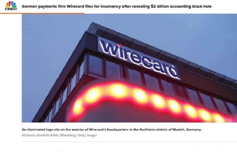 Hãng tin CNBC đưa tin Wirecard phá sản, với ảnh chụp trụ sở Wirecard tại Đức.