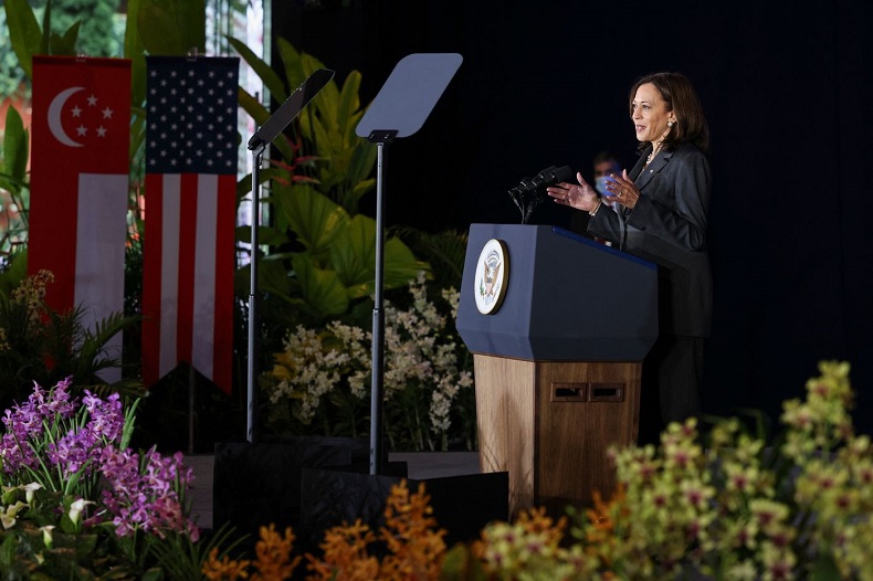 Phó tổng thống Mỹ Kamala Harris có phát biểu tại Singapore vào ngày 24/8. Ảnh: AFP