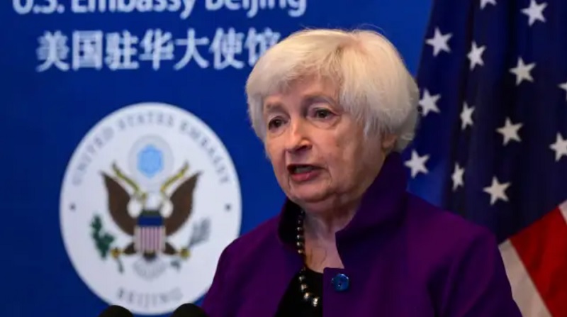 Bộ trưởng tài chính Mỹ Janet Yellen phát biểu tại buổi họp báo ngày 9/7 nhân chuyến thăm bốn ngày tới Bắc Kinh. Ảnh: AFP