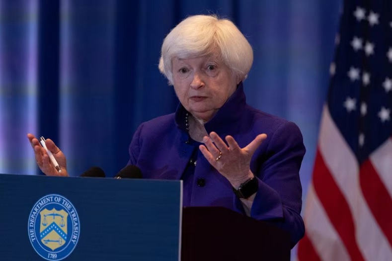 Bộ trưởng tài chính Mỹ Janet Yellen tại cuộc họp báo sau cuộc gặp với Phó thủ tướng Trung Quốc Hà Lập Phong tại thành phố San Francisco, bang California vào ngày 10/11/2023. Ảnh: Reuters