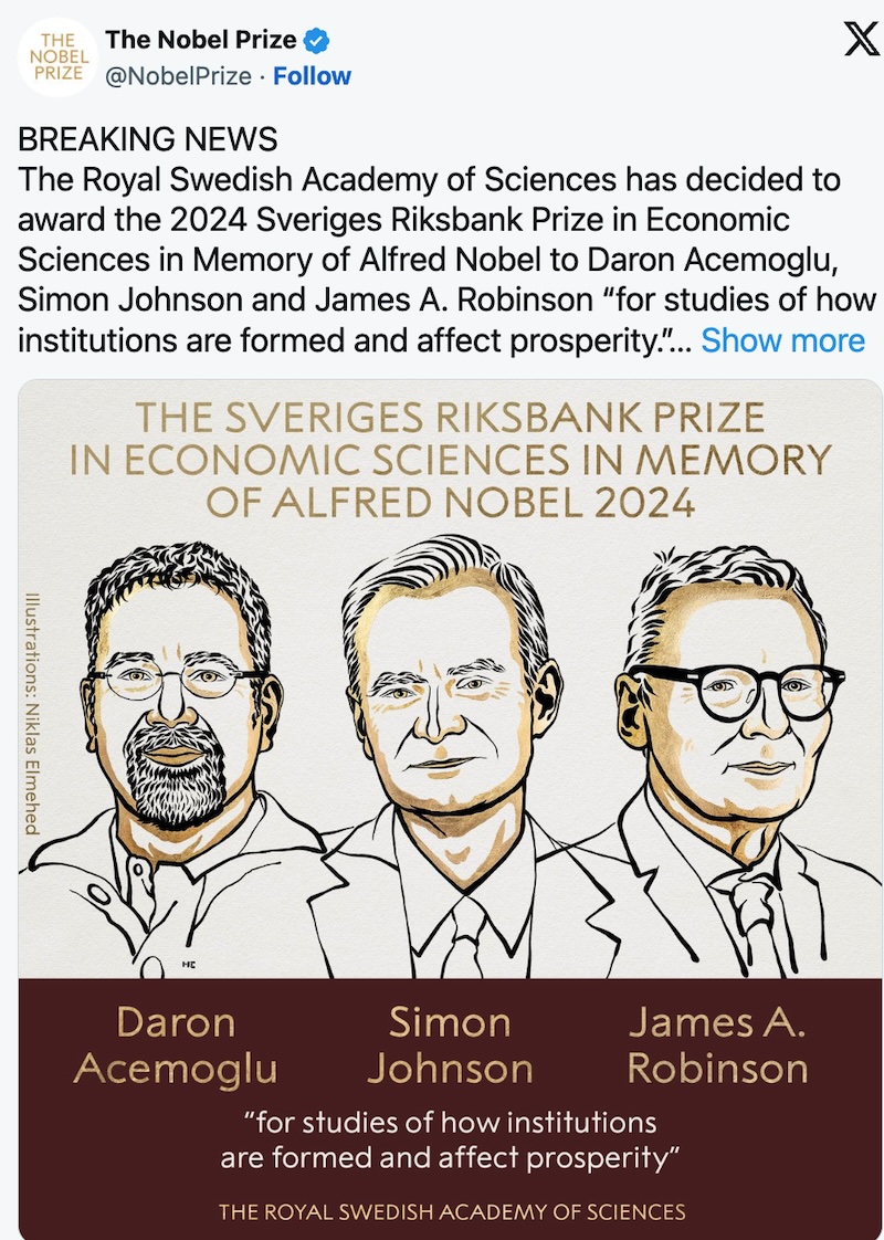 Thông tin ba nhà kinh tế học người Mỹ đạt giải Nobel kinh tế năm 2024 được đăng tải trên mạng xã hội X