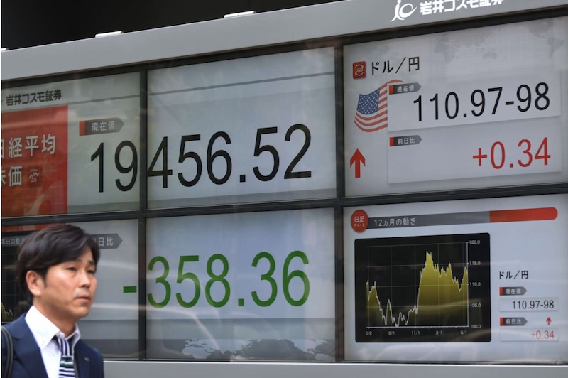 Một người đi bộ đi ngang qua bảng điện tử hiển thị chỉ số Nikkei của Sở giao dịch chứng khoán Tokyo. Ảnh: AFP