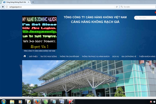 Website của cảng hàng không Rạch Giá bị tấn công. Ảnh chụp màn hình vào chiều 9/3.