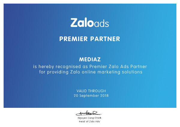 MediaZ - Một trong những đơn vị đầu tiên nhận được chứng chỉ Đối tác cao cấp của Zalo.