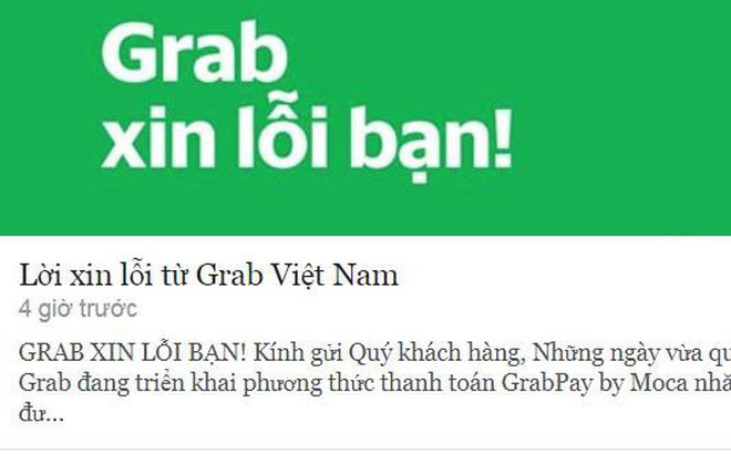 Grab Việt Nam vừa chính thức gửi lời xin lỗi đến người dùng vì những bất tiện đã gây ra cho khách hàng trong quá trình chuyển đổi từ tài khoản GrabPay Credits sang ví điện tử mới GrabPay by Moca. 