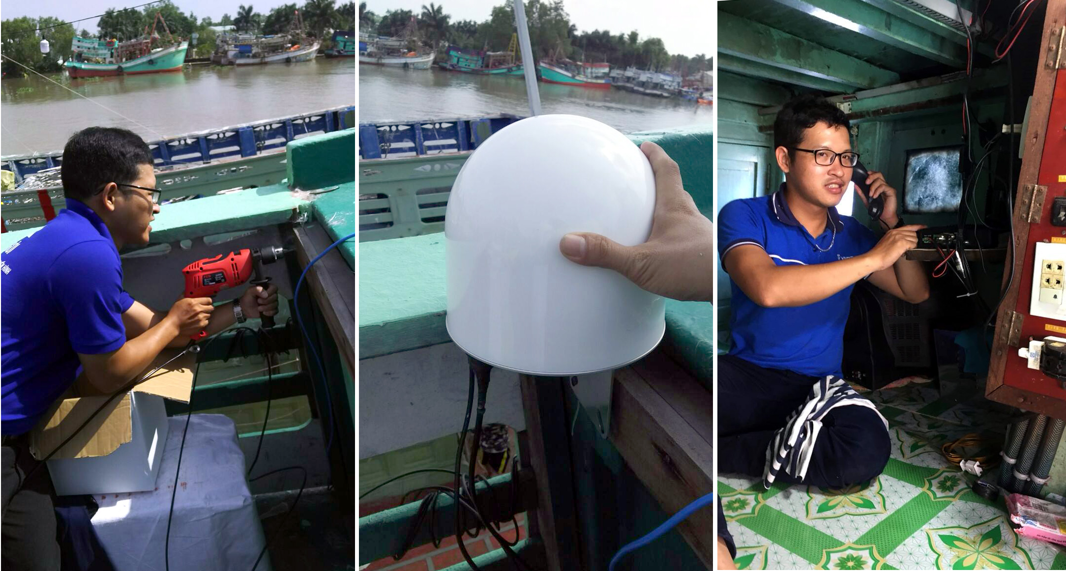 NVKD Nguyễn Anh Tú ở Phòng KH TC-DN VNPT Kiên Giang lắp đặt thiết bị Vệ tinh SF2500 cho tàu cá của khách hàng.