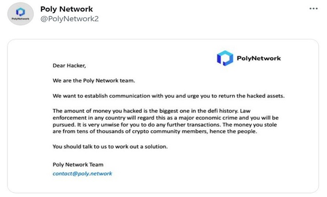 Thông báo của Poly Network là giao thức cho phép trao đổi coin xuyên chuỗi khối. Họ thông báo bị hack vào khuya 10/8 (giờ Việt Nam). Ảnh: Poly Network.