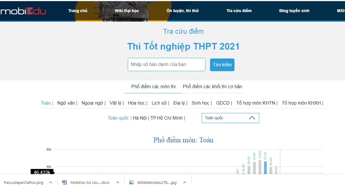 Ảnh 1: Tra cứu điểm thi và tham khảo phổ điểm từng môn/ nhóm môn tại https://diemthi.mobiedu.vn/