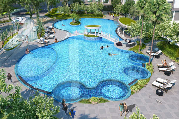 Bể bơi Sapphire – bể bơi hoàng gia, mềm mại, uốn lượn, có thiết kế sáng tạo với nhiều khu vực phù hợp cho các lứa tuổi khác nhau, có bể sục hiện đại.