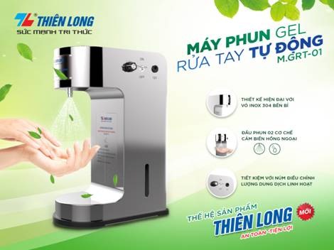 Máy  phun gel rửa tay tự động đầu tiên của Thiên Long với vẻ ngoài sang trọng, sạch sẽ, tăng tính thẩm mỹ cho không gian xung quanh, có thể đặt tại các sảnh văn phòng, cửa hàng, nhà sách...