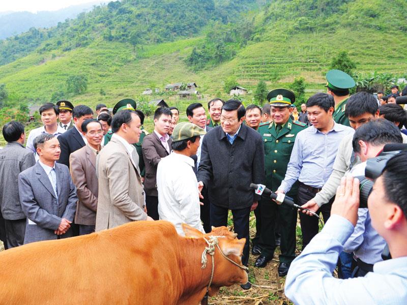 Chủ tịch nước Trương Tấn Sang tham dự một buổi lễ trao tặng bò cho đồng bào vùng biên giới do Viettel tổ chức