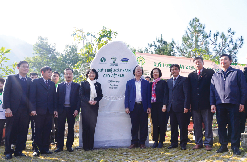 Phó chủ tịch nước Đặng Thị Ngọc Thịnh (hàng trên, thứ 4 từ trái sang) tham gia Lễ trồng cây tại Cao Bằng.