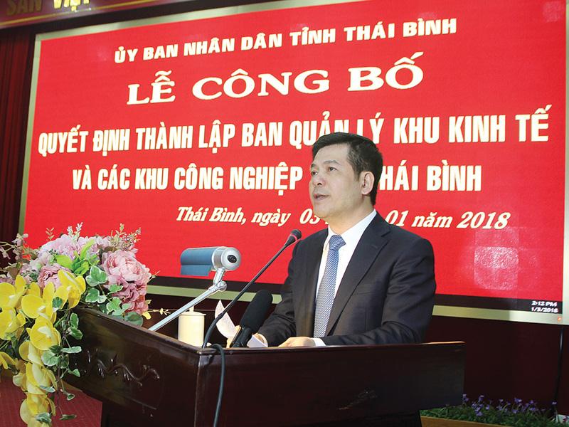 Ông Nguyễn Hồng Diên phát biểu tại Lễ công bố thành lập Ban quản lý Khu kinh tế và các khu công nghiệp Thái Bình