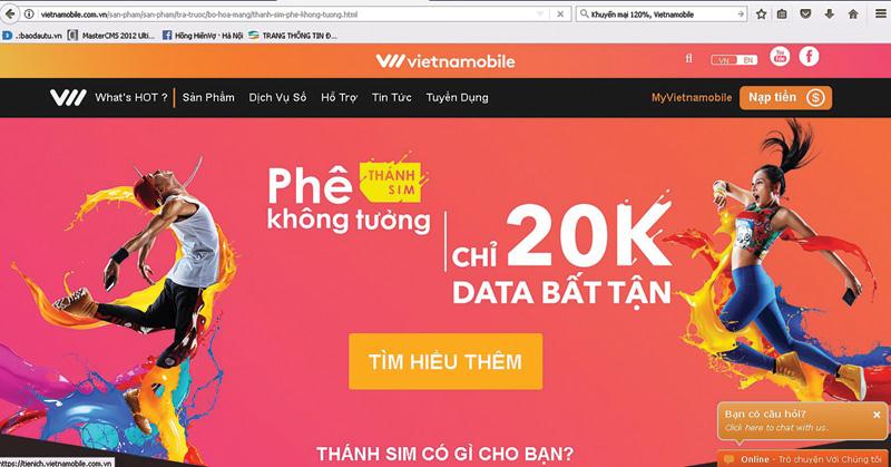 Quảng cáo gói cước Thánh SIM trên website của Vietnamobile.