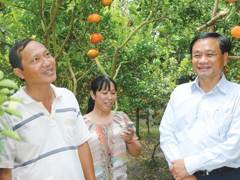 Ông Nguyễn Văn Dương, Chủ tịch UBND tỉnh Đồng Tháp (bìa phải) tại homestay nhà vườn đặc sản Quýt Hồng Lai Vung, Đồng Tháp.