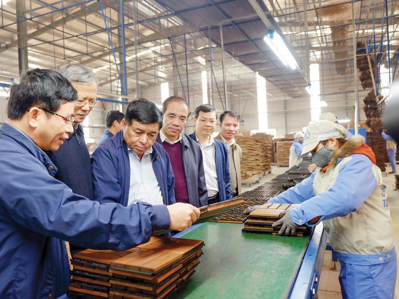 Đoàn công tác của Bộ Kế hoạch và Đầu tư thăm nhà máy của Công ty Woodsland ở Tuyên Quang. Ảnh: Thanh Hà