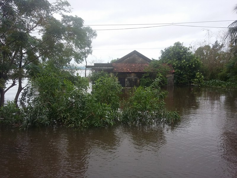 Một nhà dân bên QL1A tại xã Thanh Thuỷ, huyện Lệ Thuỷ ngập trong biển nước.