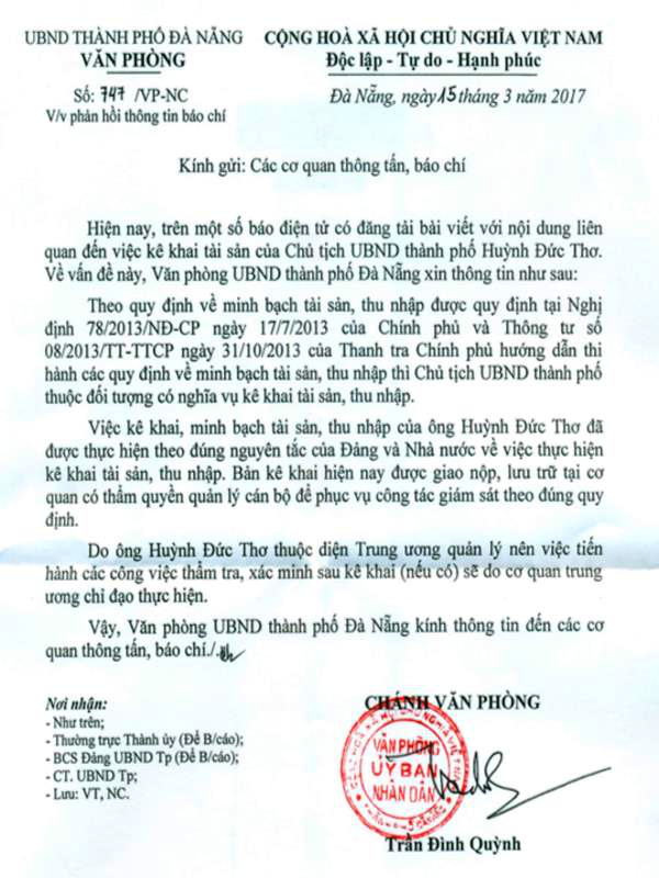 Công văn phản hồi thông tin báo chí của Văn phòng UBND thành phố Đà Nẵng