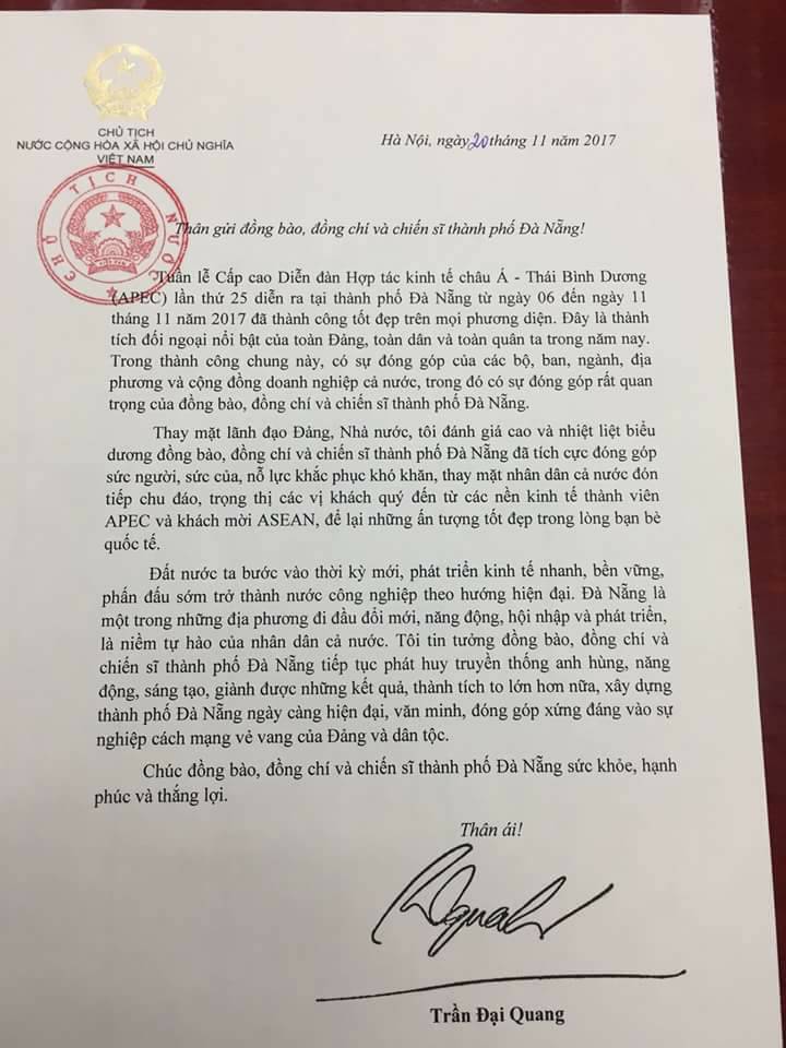 Thư gửi đồng bào, đồng chí và chiến sĩ Thành phố Đà Nẵng của Chủ tịch nước Trần Đại Quang