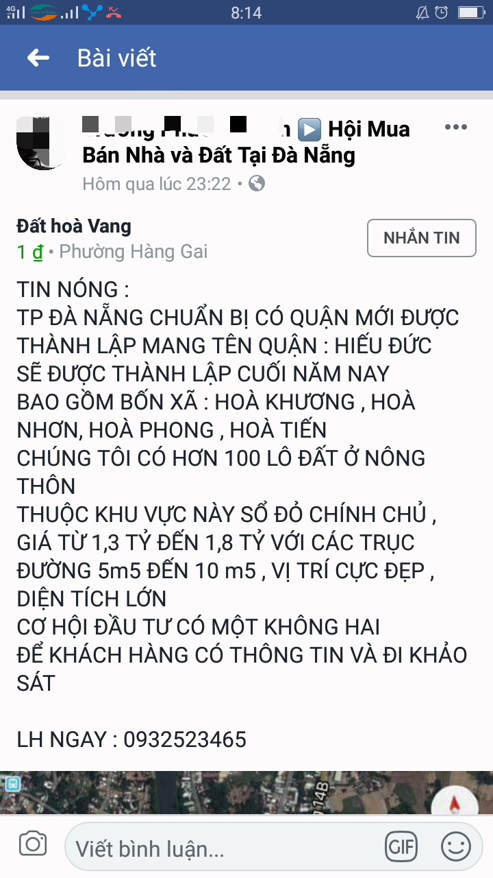 Thông tin chia tách huyện Hòa Vang lập quận mới do một cò đất tung ra tên facebook