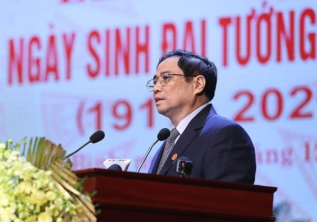 Thủ tướng Chính phủ Phạm Minh Chính trình bày Diễn văn tại lễ kỷ niệm 110 năm Ngày sinh Đại tướng Võ Nguyên Giáp (25/8/1911 - 25/8/2021) Ảnh: chinhphu.vn