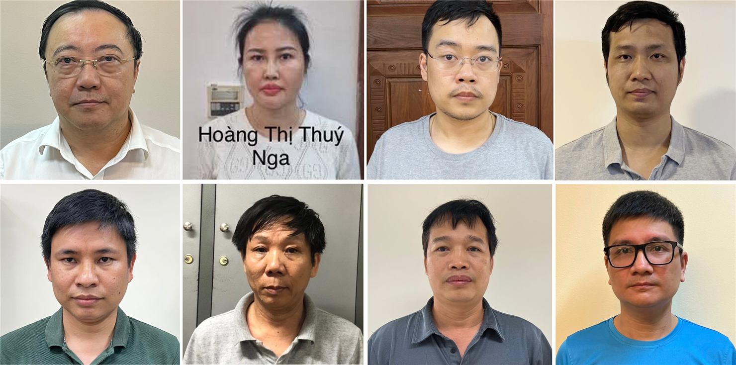 Các bị can lần lượt từ trái sang phải, từ trên xuống dưới: Phan Huy Anh Vũ; Hoàng Thị Thúy Nga; Nguyễn Quang Minh; Nguyễn Tiến Thu; Hoàng Thế Quỳnh; Nguyễn Công Tiến; Ninh Văn Sinh; Vũ Quang Ngọc