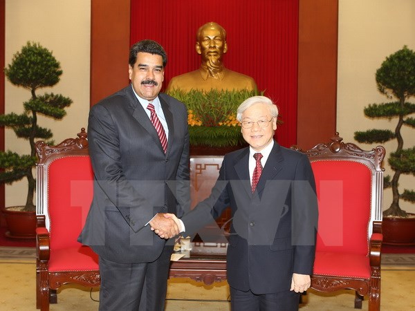 Tổng Bí thư Nguyễn Phú Trọng tiếp Tổng thống Cộng hòa Bolivarian Venezuela Nicolás Maduro Moros thăm chính thức Việt Nam. Ảnh: Vietnam+