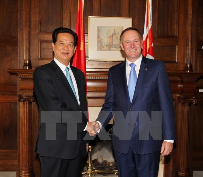 Thủ tướng Nguyễn Tấn Dũng và Thủ tướng John Key tại chuyến thăm chính thức New Zealand hồi tháng 3/2015. Ảnh: Vietnam+