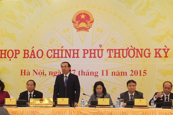 Bộ trưởng, Chủ nhiệm Văn phòng Chính phủ Nguyễn Văn Nên chủ trì phiên họp báo thường kỳ Chính phủ ngày 27/11. Ảnh: Kỳ Thành