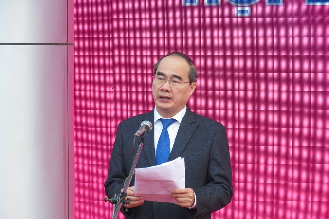 Chủ tịch Ủy ban Mặt trận Tổ quốc Việt Nam Nguyễn Thiện Nhân phát biểu tại Lễ bế mạc Hội báo toàn quốc 2017 (Ảnh: K.T)