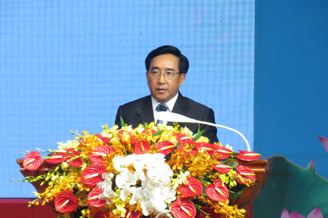 Thường trực Ban Bí thư, Phó Chủ tịch nước Lào Phankham Viphavanh phát biểu tại buổi lễ (Ảnh: K.T)
