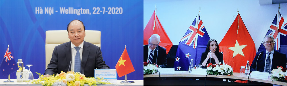 Thủ tướng Nguyễn Xuân Phúc và Thủ tướng Jacinda Ardern hội đàm từ 2 đầu cầu Việt Nam và New Zealand