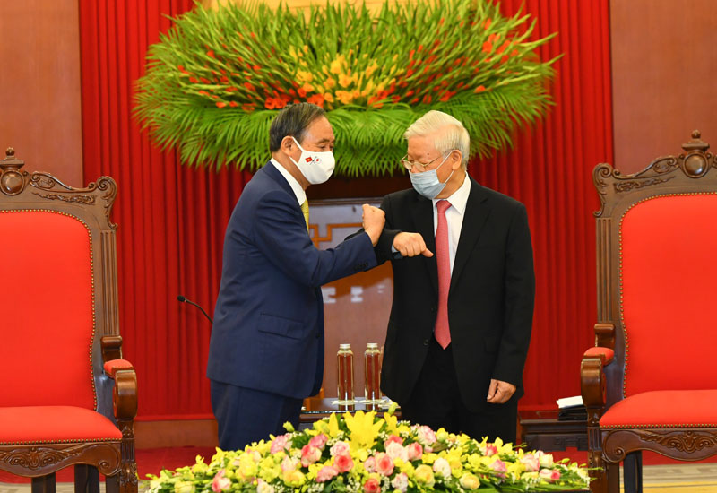 Tổng Bí thư, Chủ tịch nước Nguyễn Phú Trọng tiếp Thủ tướng Nhật Bản Suga Yoshihide. (Ảnh: Đức Thanh)