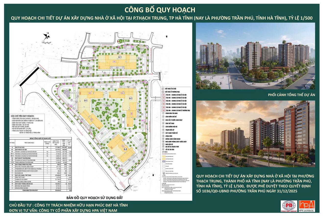 Bảng c&ocirc;ng bố quy hoạch chi tiết Dự &aacute;n x&acirc;y dựng nh&agrave; ở x&atilde; hội tại phường Trần Ph&uacute;