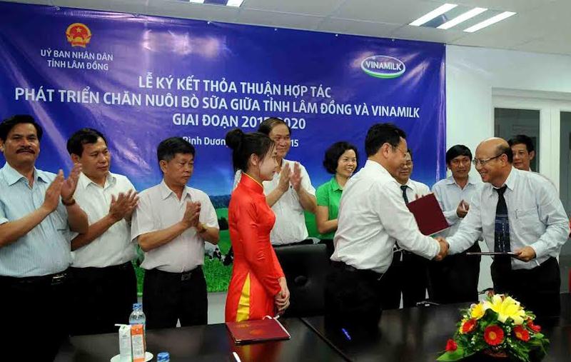 Đại diện lãnh đạo tỉnh Lâm Đồng và Vinamilk cùng ký kết thỏa thuận hợp tác phát triển chăn nuôi bò sữa giữa tỉnh Lâm Đồng và Vinamilk giai đoạn 2015-20120