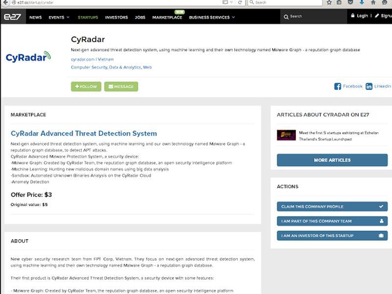CyRadar của FPT được giới thiệu trên website của e27